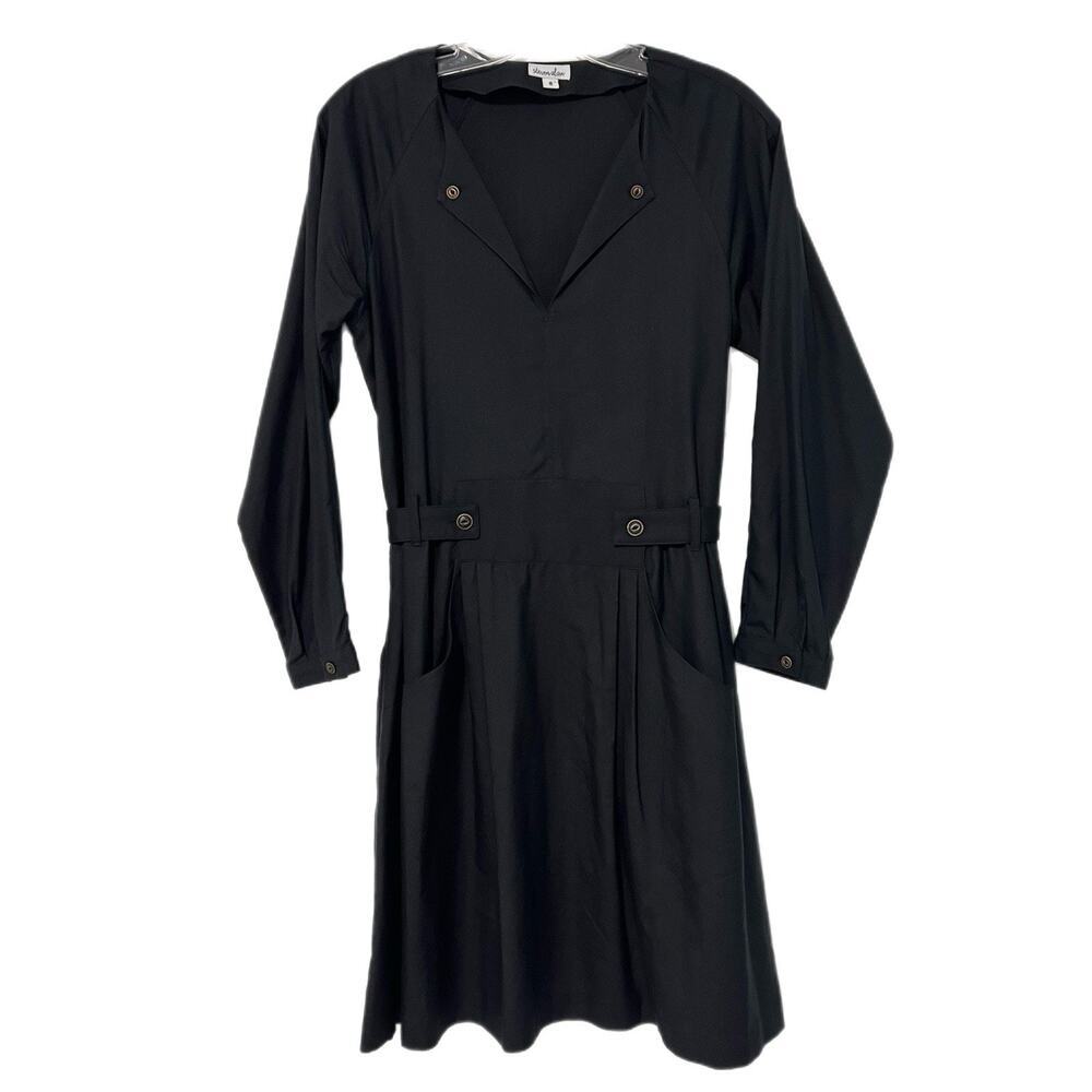 Steven Alan 100% Silk Dress Black Small Button Waist Modest Pockets Capsule USA